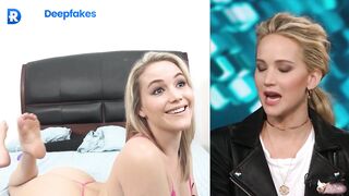 Blonde having fun with guy and vibrator, Jennifer Lawrence face swap